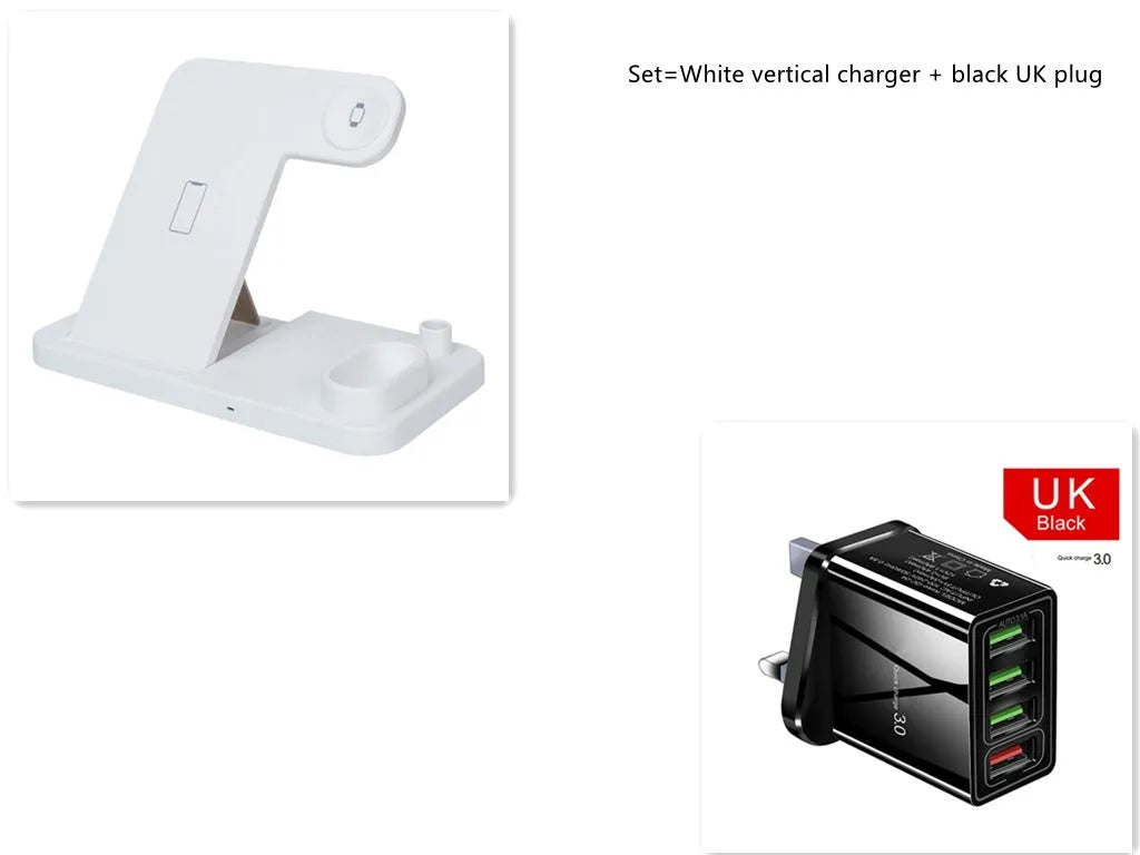 4-in-1 adjustable wireless charging station showing phone, watch, earbuds and pencil charging on a desk.