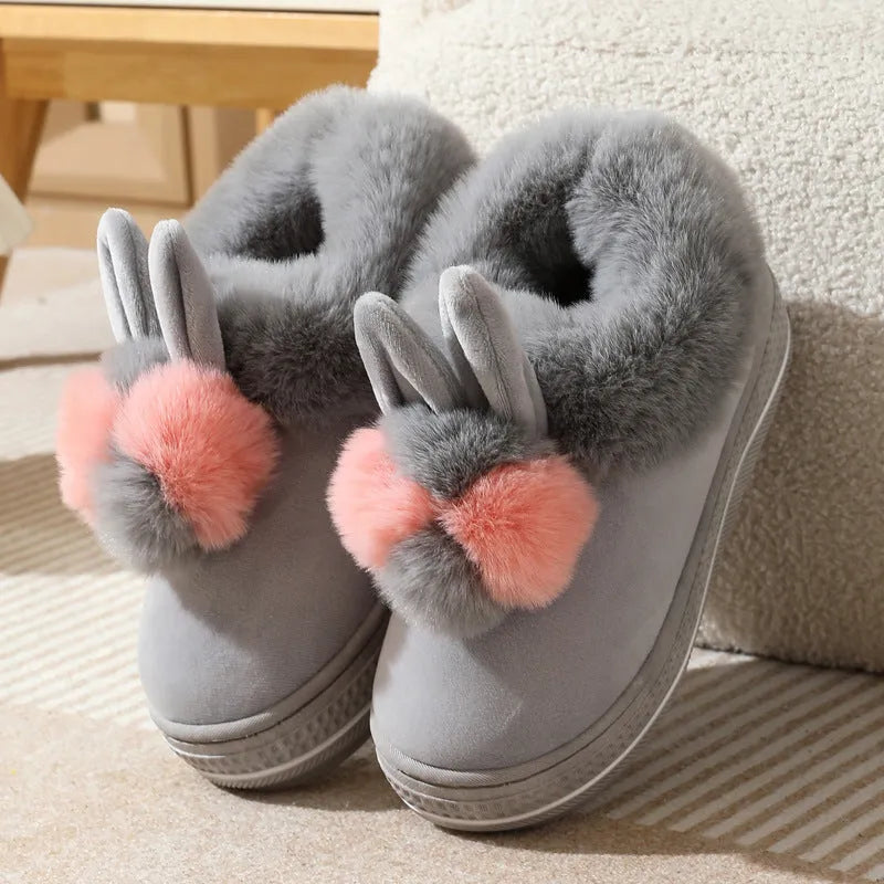 Women's winter high heel cotton slippers in black with thick sole and plush upper