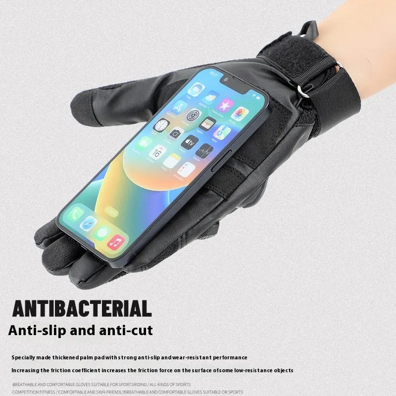Men's black tactical training gloves with full finger design and touch screen fingertips.