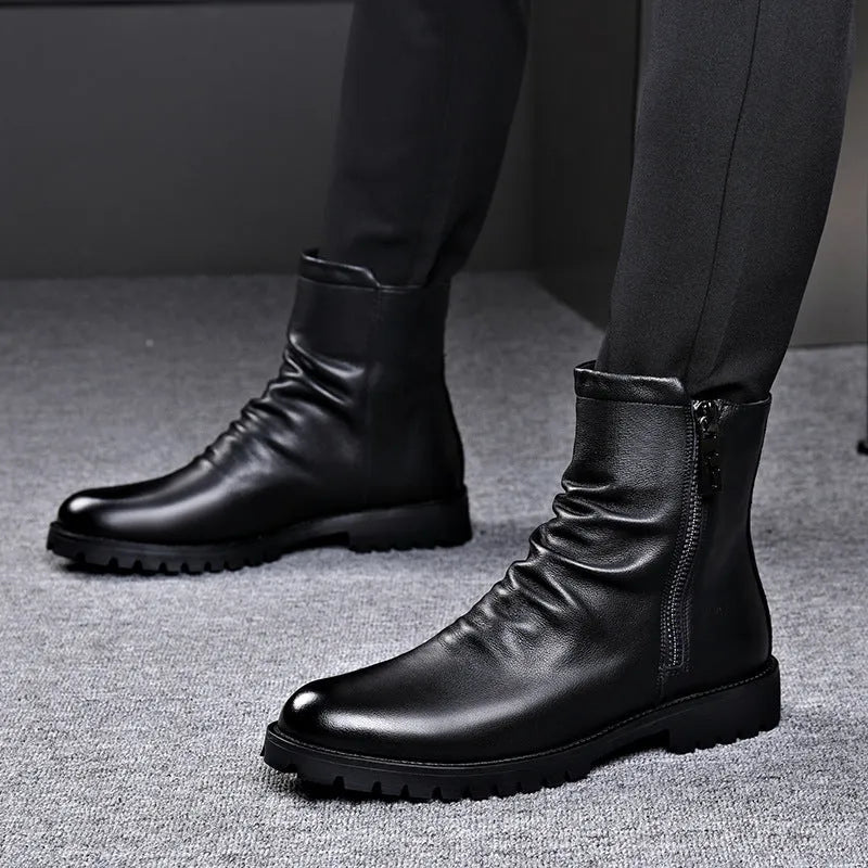 Men's high-top zipper Martin boots in black patent leather with low wedge heel rubber sole