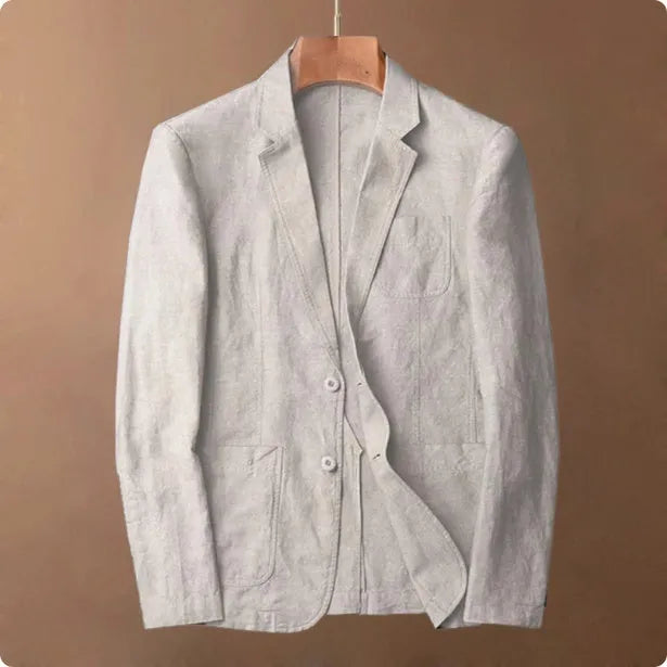 Men's solid colour linen suit coat with stick pocket in light blue