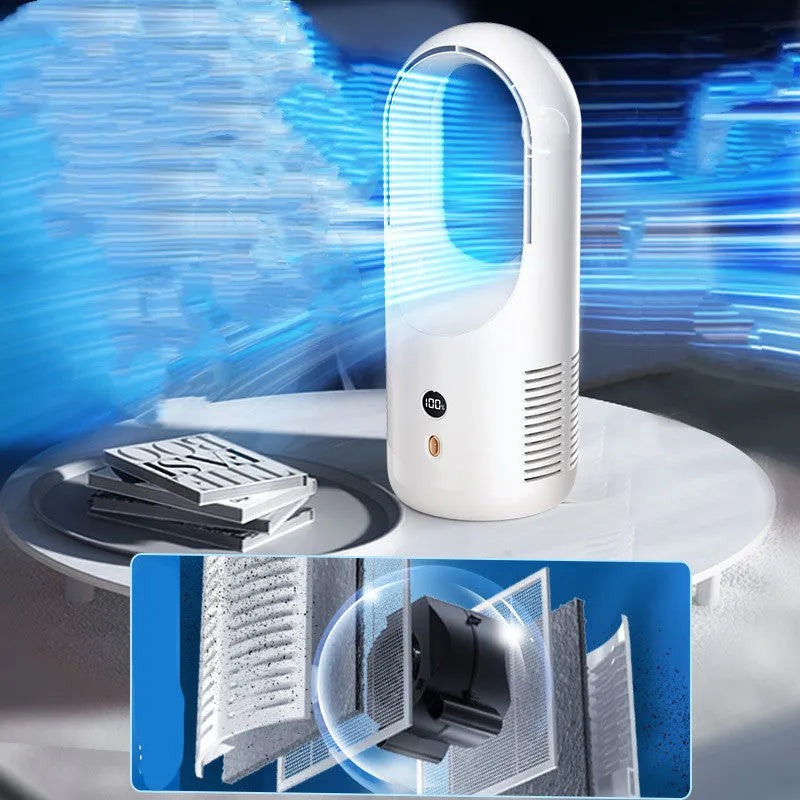USB rechargeable bladeless desktop fan with LED display on a desk