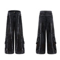 Black gradient distressed denim coat with padded shoulders and matching trousers, featuring raw edges and splash-dye finish.