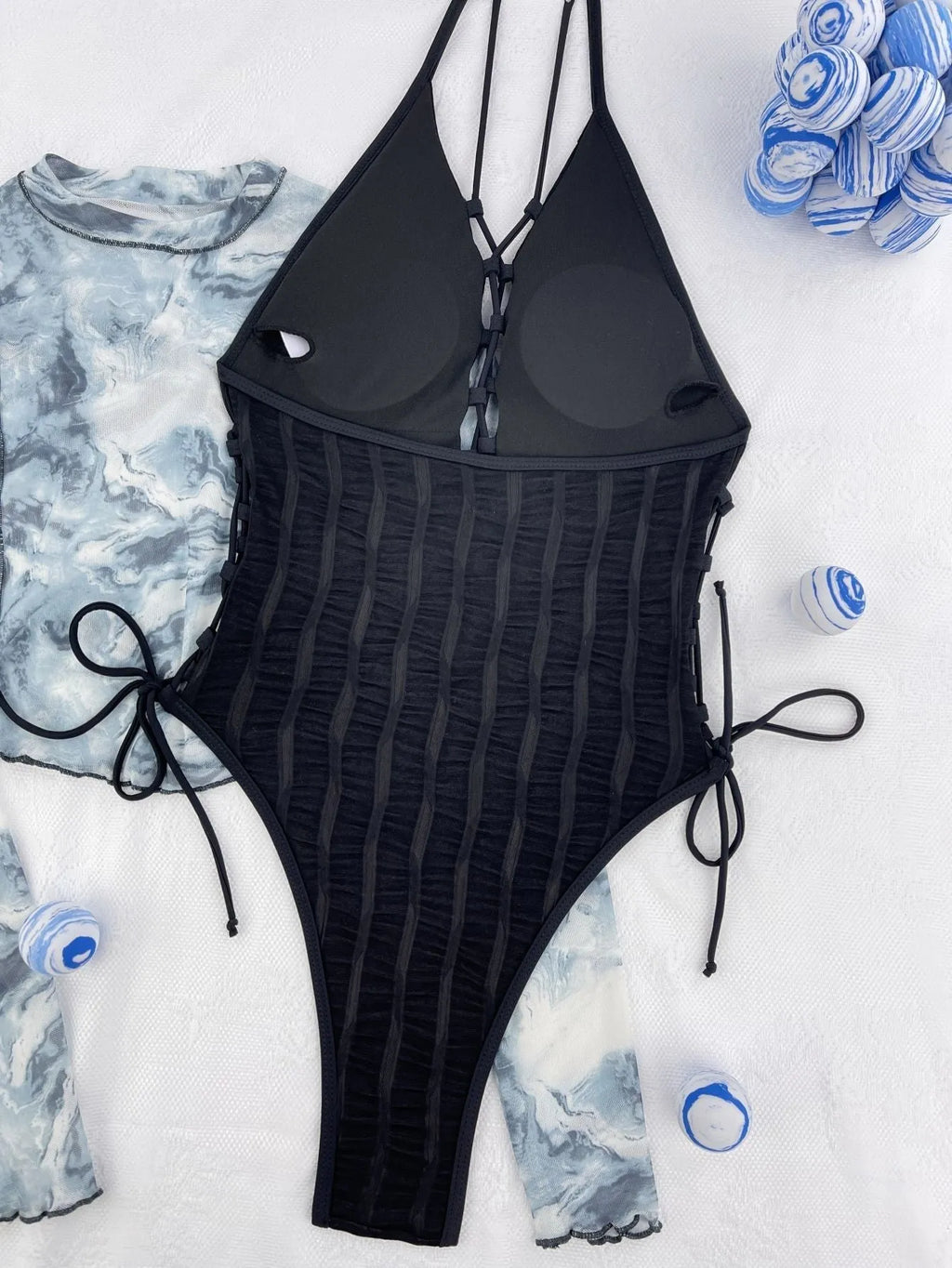 Black solid colour one-piece swimsuit for women with polyester fabric construction