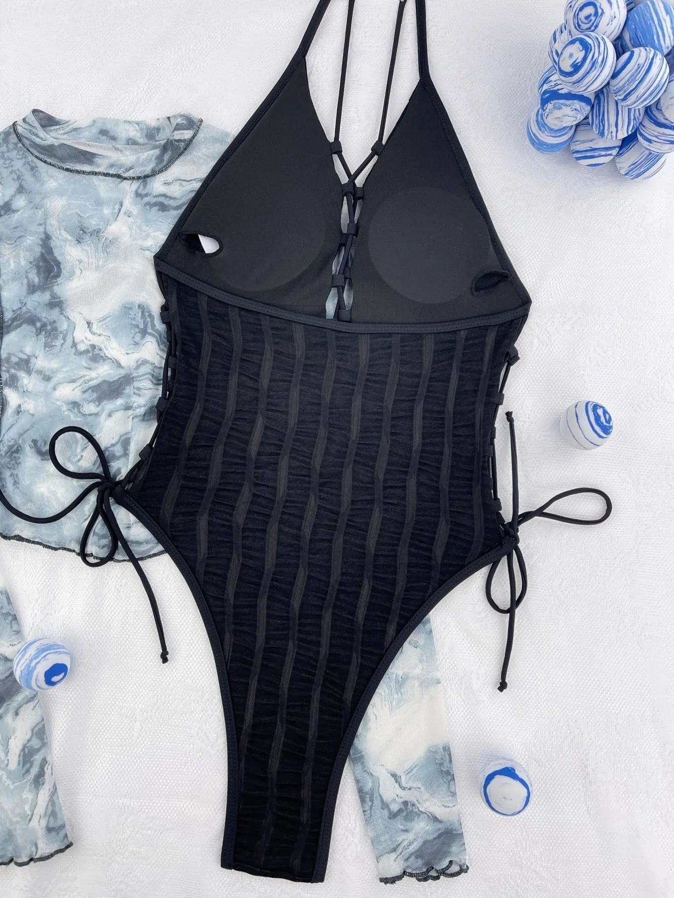 Black solid colour one-piece swimsuit for women with polyester fabric construction