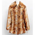 Women's slim-fit faux fur leather jacket with tiger pattern print, medium length with regular long sleeves.