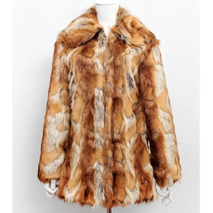 Women's slim-fit faux fur leather jacket with tiger pattern print, medium length with regular long sleeves.