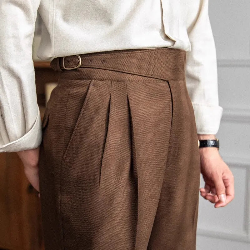Man wearing black high-waist straight-leg casual polyester trousers for a leisure outfit.