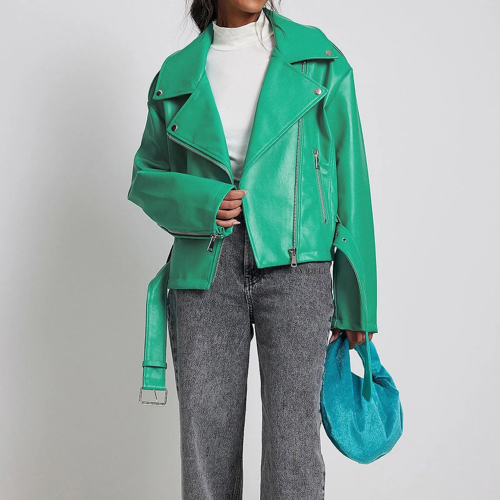 Punk short belt lapel locomotive style jacket in black with a Peter Pan collar.