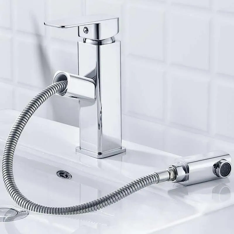 Square pull faucet with brass construction and brushed gold finish for hot and cold water control