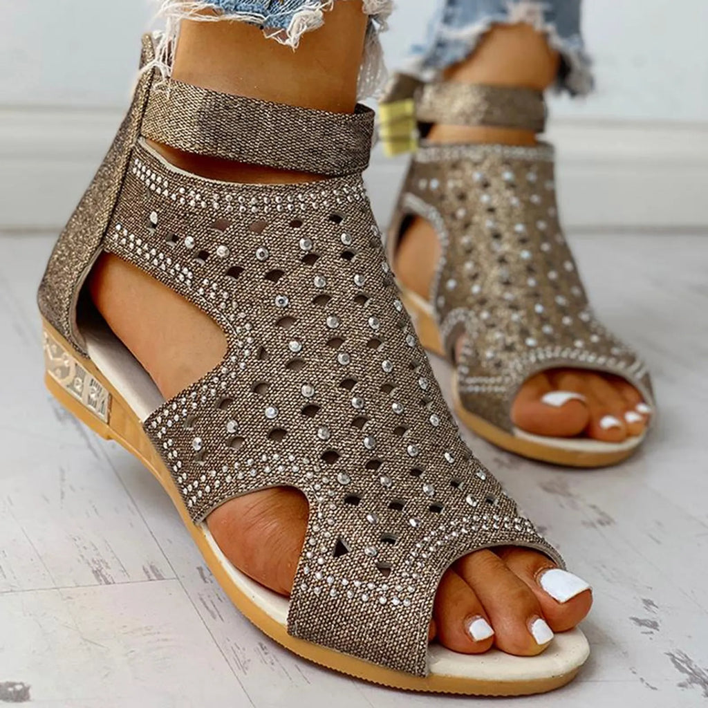Rhinestones Roman sandals with peep toe and back zip design, PU upper, available in beige