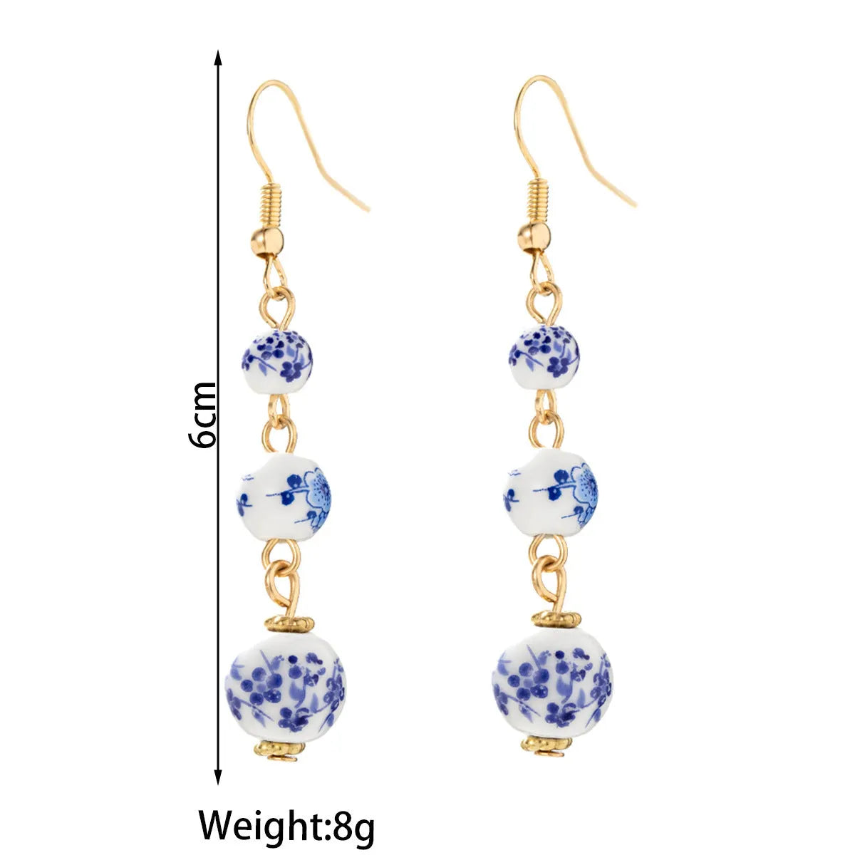 Blue and white porcelain ceramic bead earrings with geometric alloy elements in Chinese style design