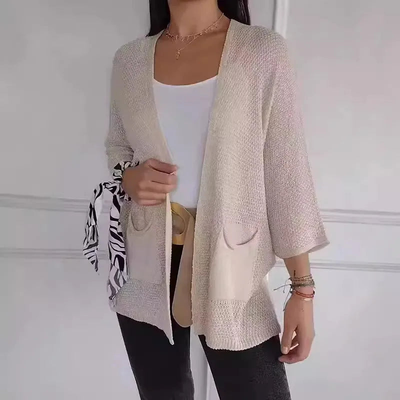 Women's waffle knit cardigan coat with nine-quarter sleeves in army green colour