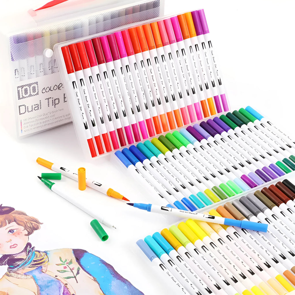 Set of 48 dual-tip watercolour pens with brush and fine nibs for artists.