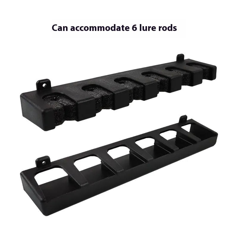 Black ABS plastic wall-mounted fishing rod holder rack showing upright and horizontal mounting styles