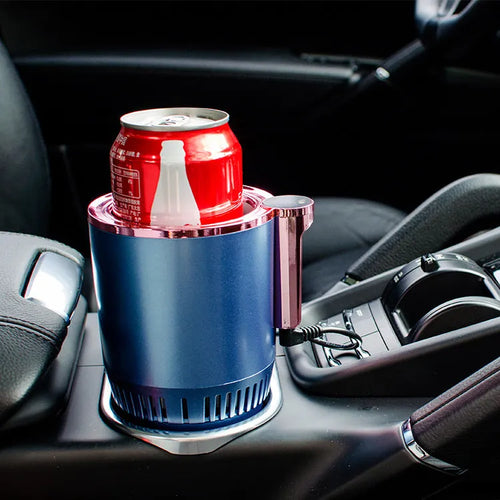 Black 12V car cup warmer and cooler with digital temperature display placed in a car cup holder.