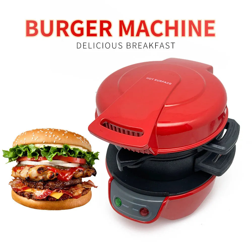 Bright red breakfast machine with egg cooker ring and sandwich plates on kitchen counter