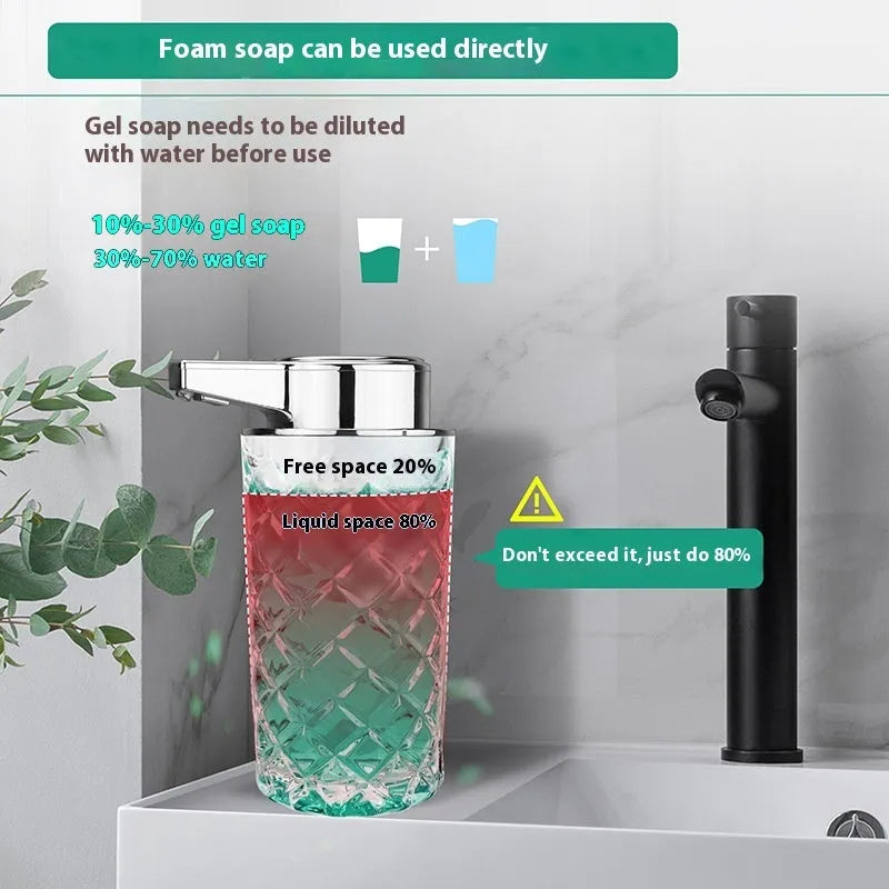 White automatic sensor soap dispenser with silver finish and Type-C charging port on a bathroom countertop.
