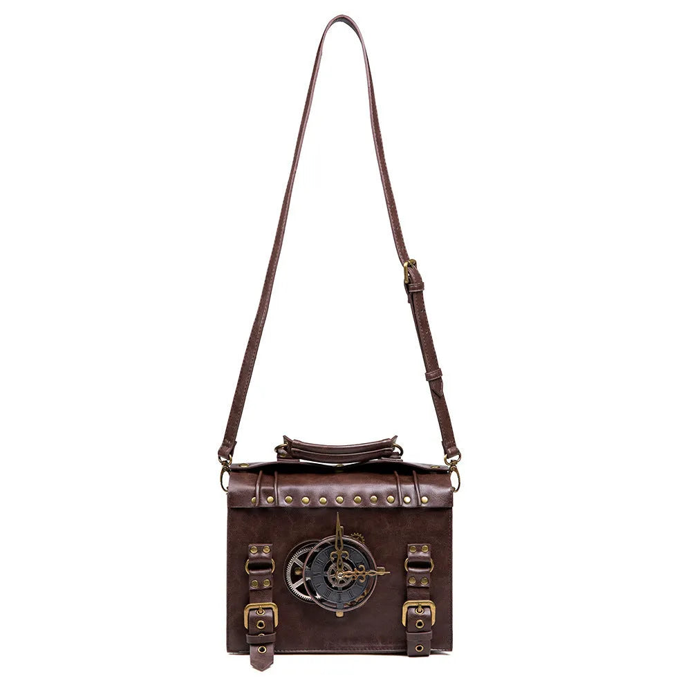 Bronze steampunk shoulder bag with textured PU, metal hardware, and square pillow shape.