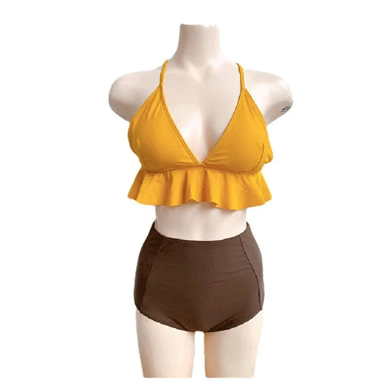 Yellow split ruffled contrast color hot spring bathing suit for women with spandex lining