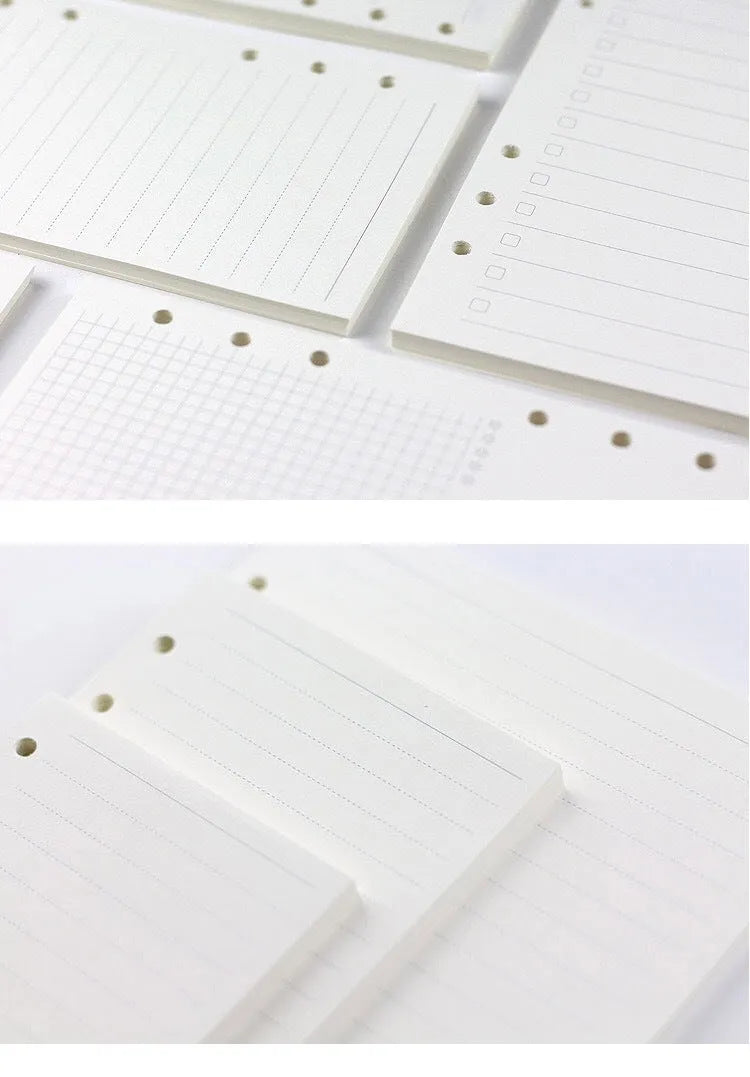 6-hole loose-leaf refill pack with A5 Daolin paper sheets showing blank, dot, line and square grid layouts