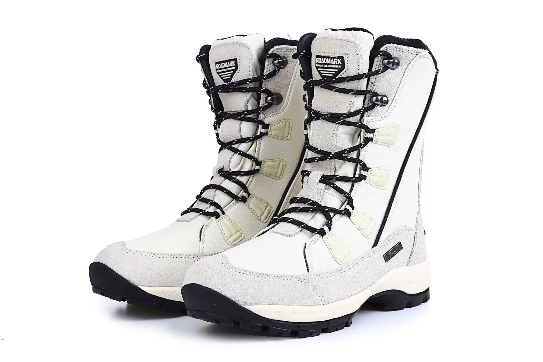 Women's white genuine leather mid-calf snow boots with a round toe and rubber sole on a plain background.