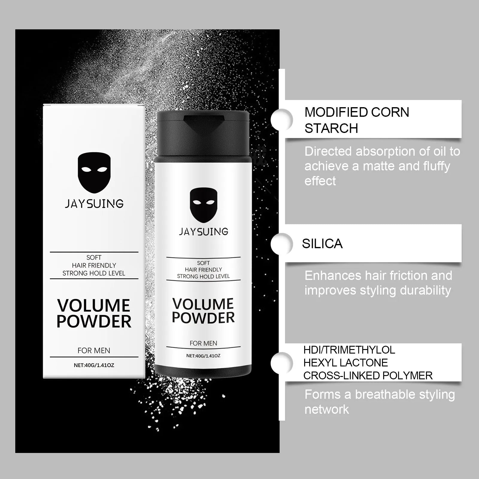 40g jar of hair shaping powder with modified corn starch formula for texture and volume