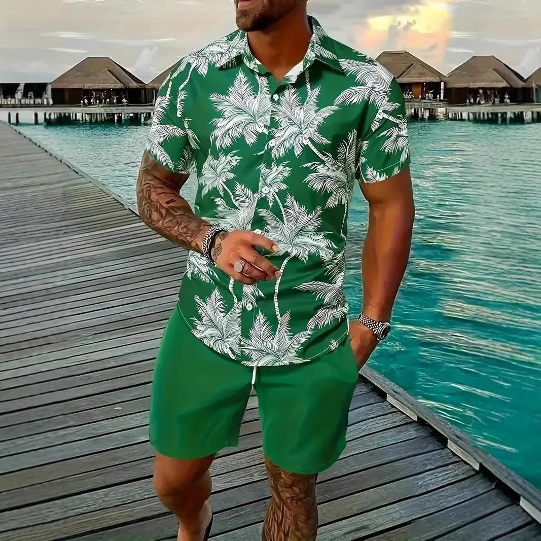 Man wearing a blue Hawaii pattern short sleeve top and matching shorts from a 3D printed suit set