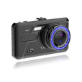 Black touch screen car recorder with front and rear cameras showing 4 inch display