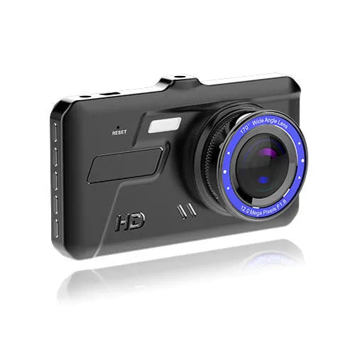 Black touch screen car recorder with front and rear cameras showing 4 inch display
