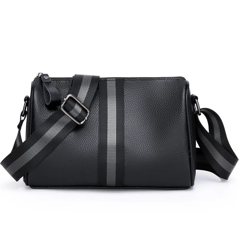 Black genuine leather crossbody shoulder bag showing front view and dimensions