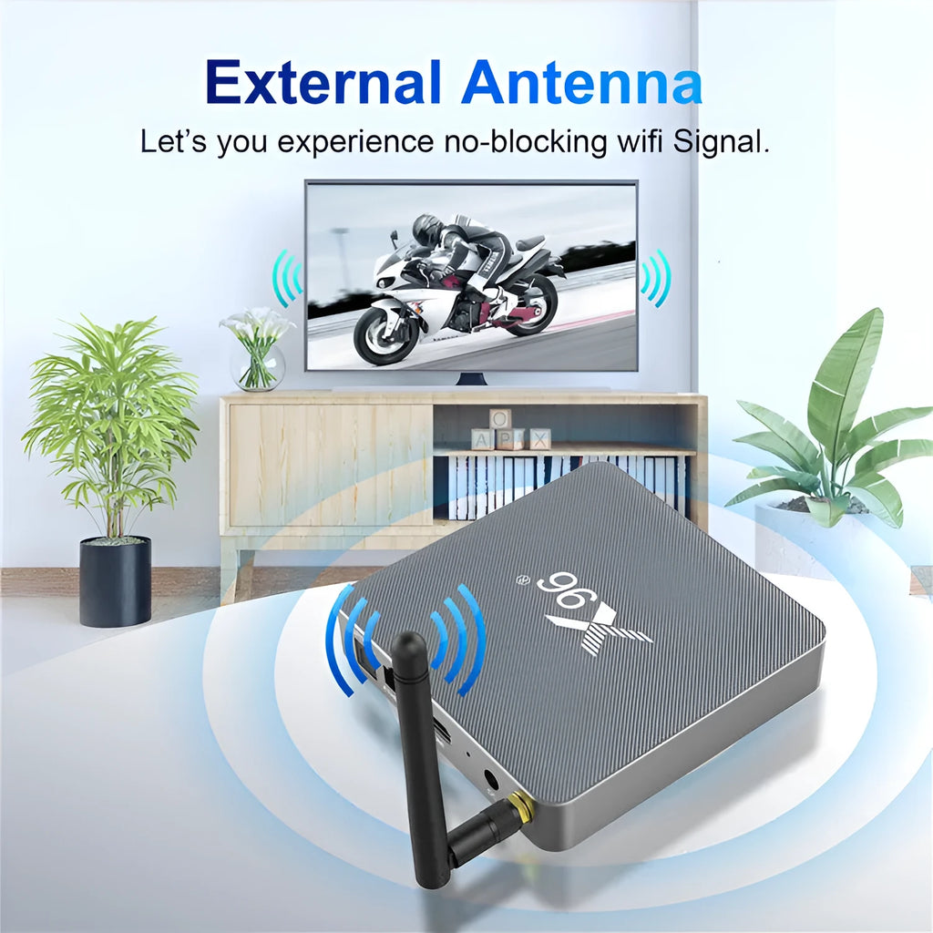 Android Smart Voice Set-top Box with remote control, HDMI cable, and power adapter.