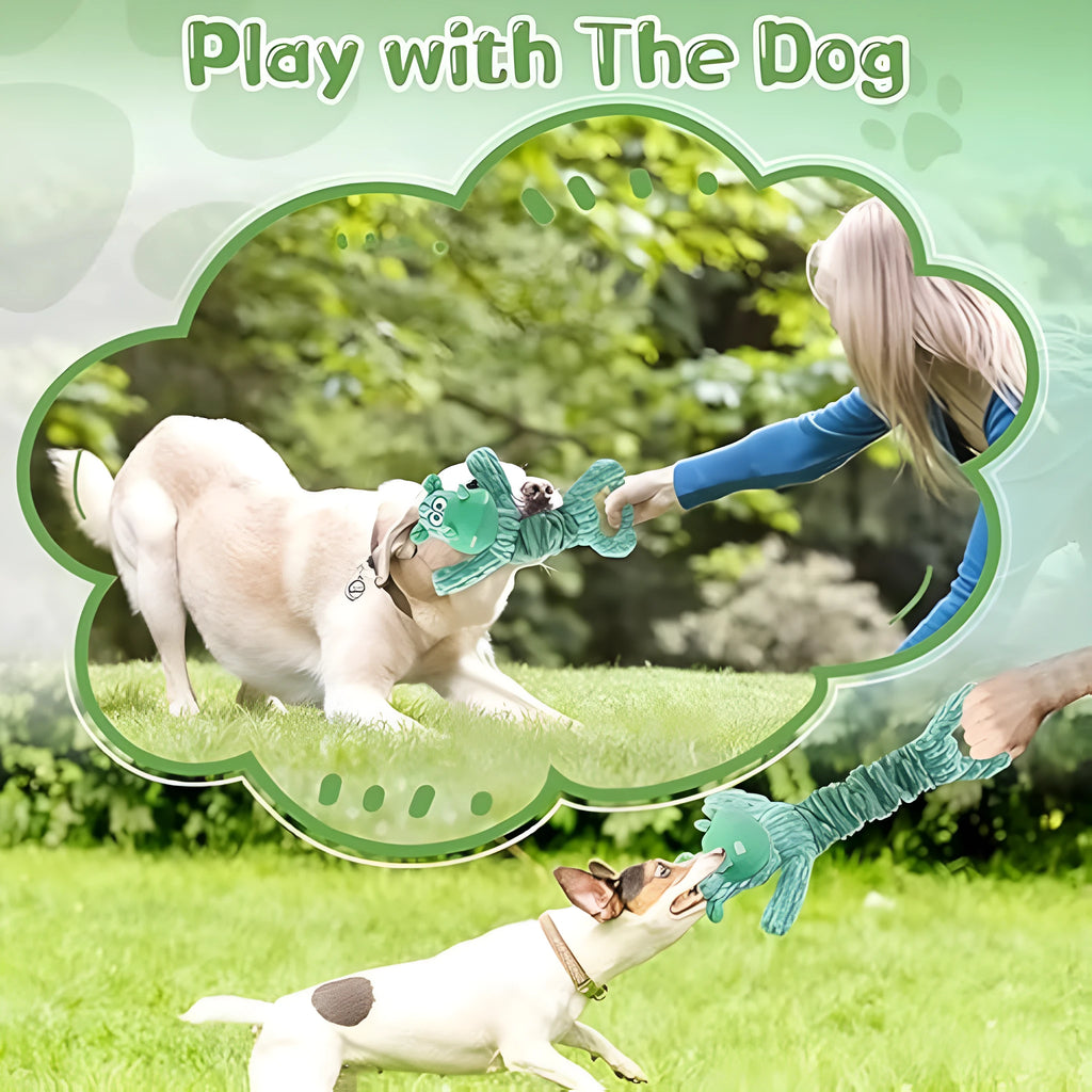 Large plush squeaky dog toy with telescopic body and crinkle paper handle for tug of war play
