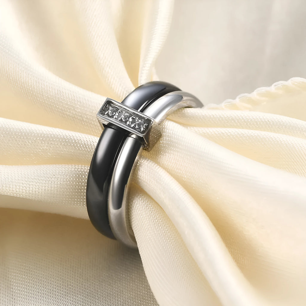 Ceramic women's ring with glossy stitching inlaid zirconium geometric design in steel black or gold white