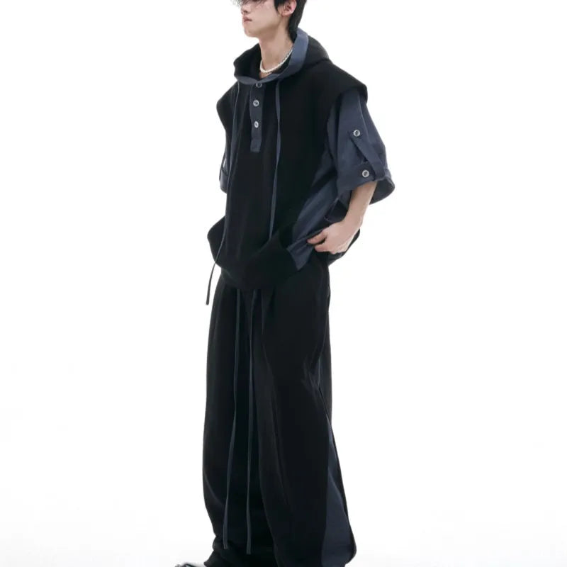 Men's hooded three-dimensional stitching sports leisure suit with matching trousers in black or grey polyester