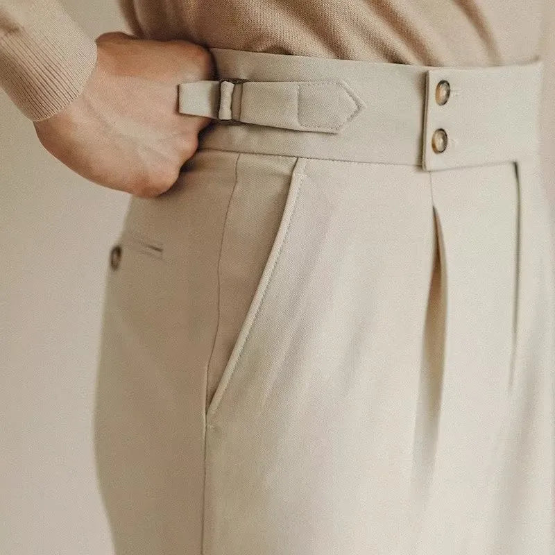 Men's slim fit straight leg suit trousers in apricot, black or white colours.