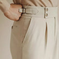 Men's slim fit straight leg suit trousers in apricot, black or white colours.