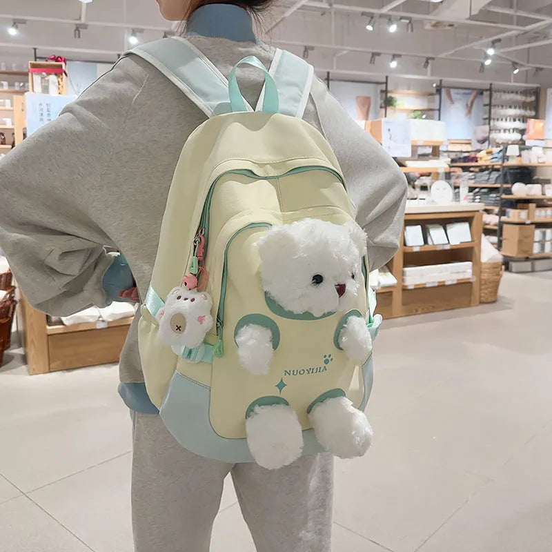 Cute bear school backpack in macaron colours with curved shoulder straps and optional pendant