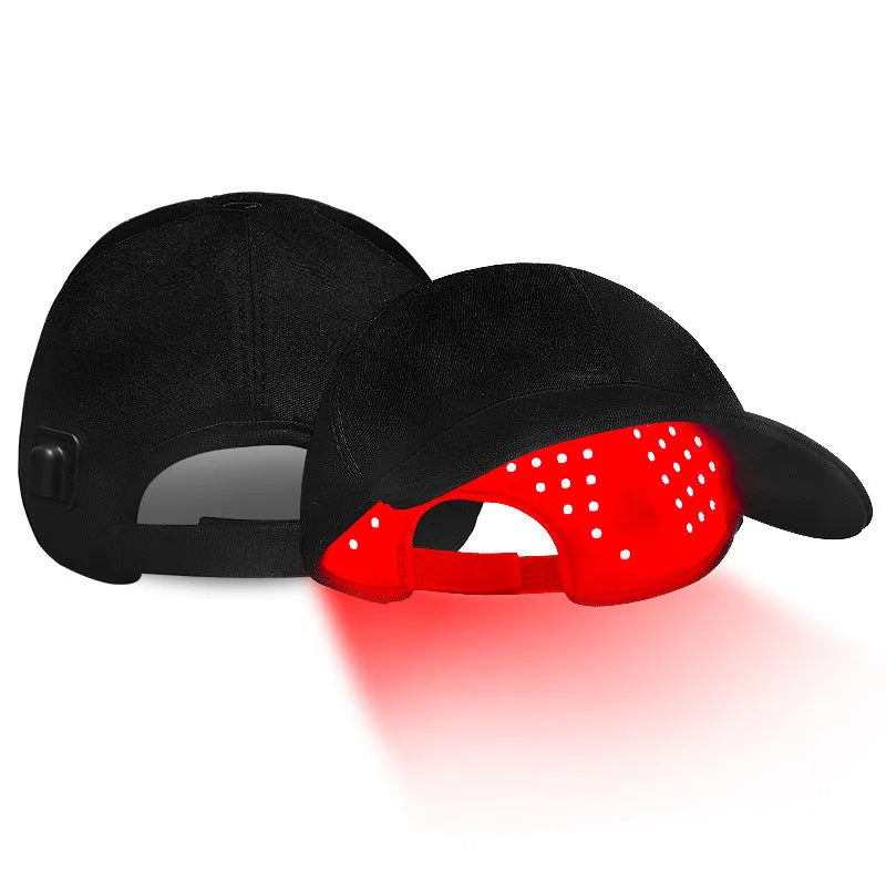 Black infrared peaked cap for hair growth treatment with 180 red LEDs and gear controller