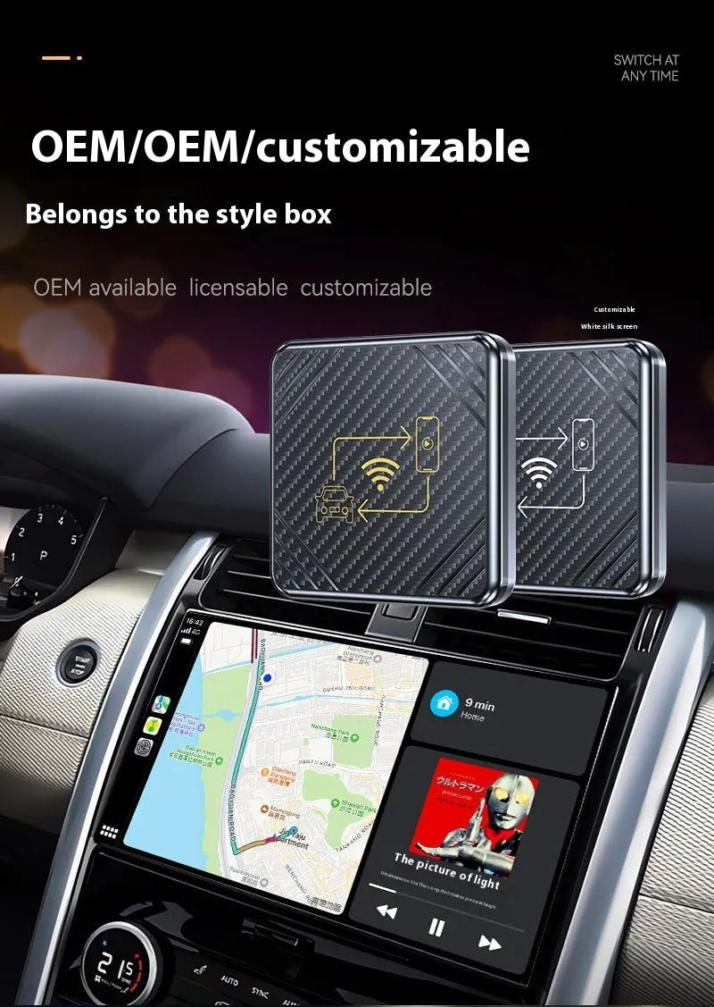 Wireless CarPlay to Android Auto conversion box with USB connector and ABS plastic housing