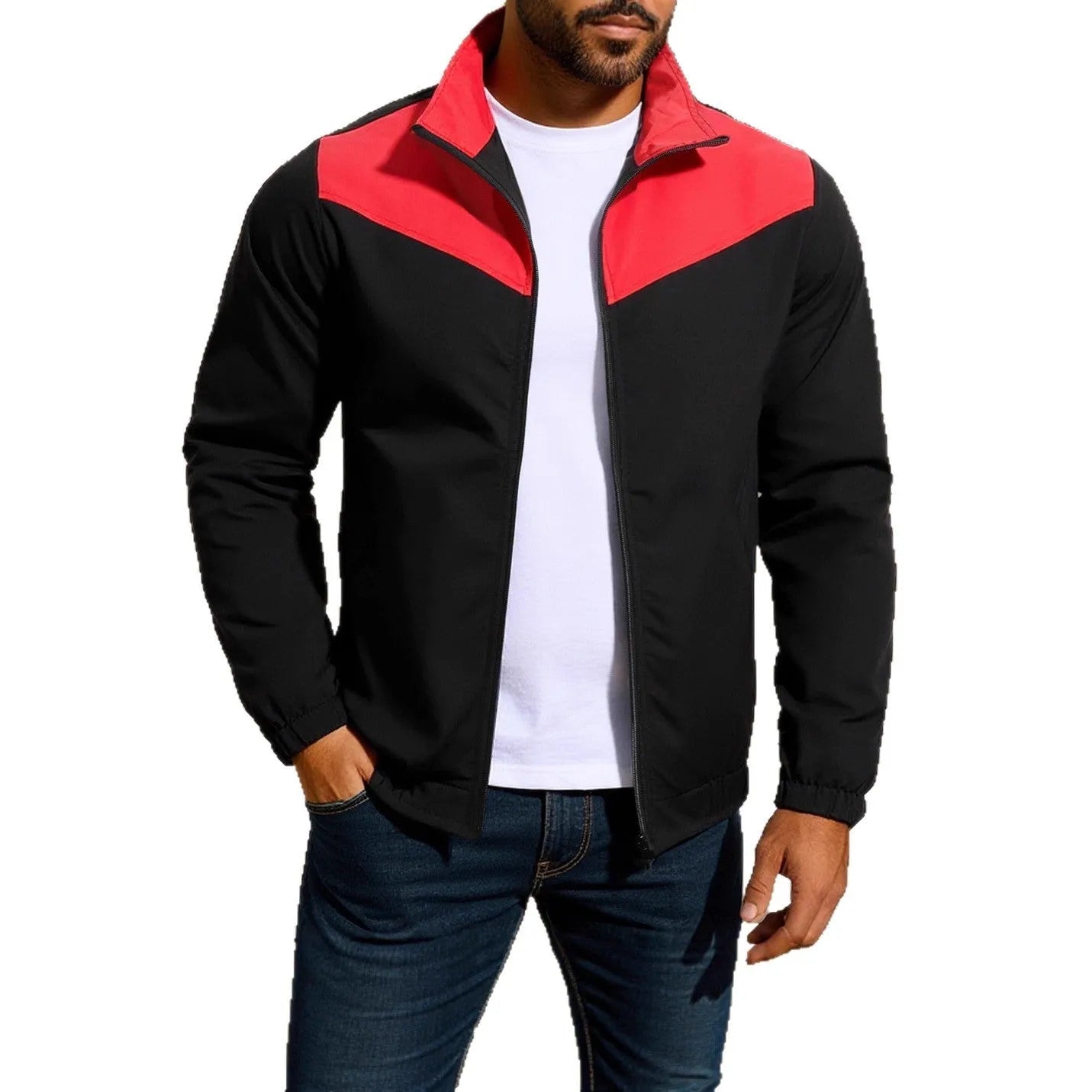 Men's green windproof jacket with high collar and zip front, featuring raglan sleeves.