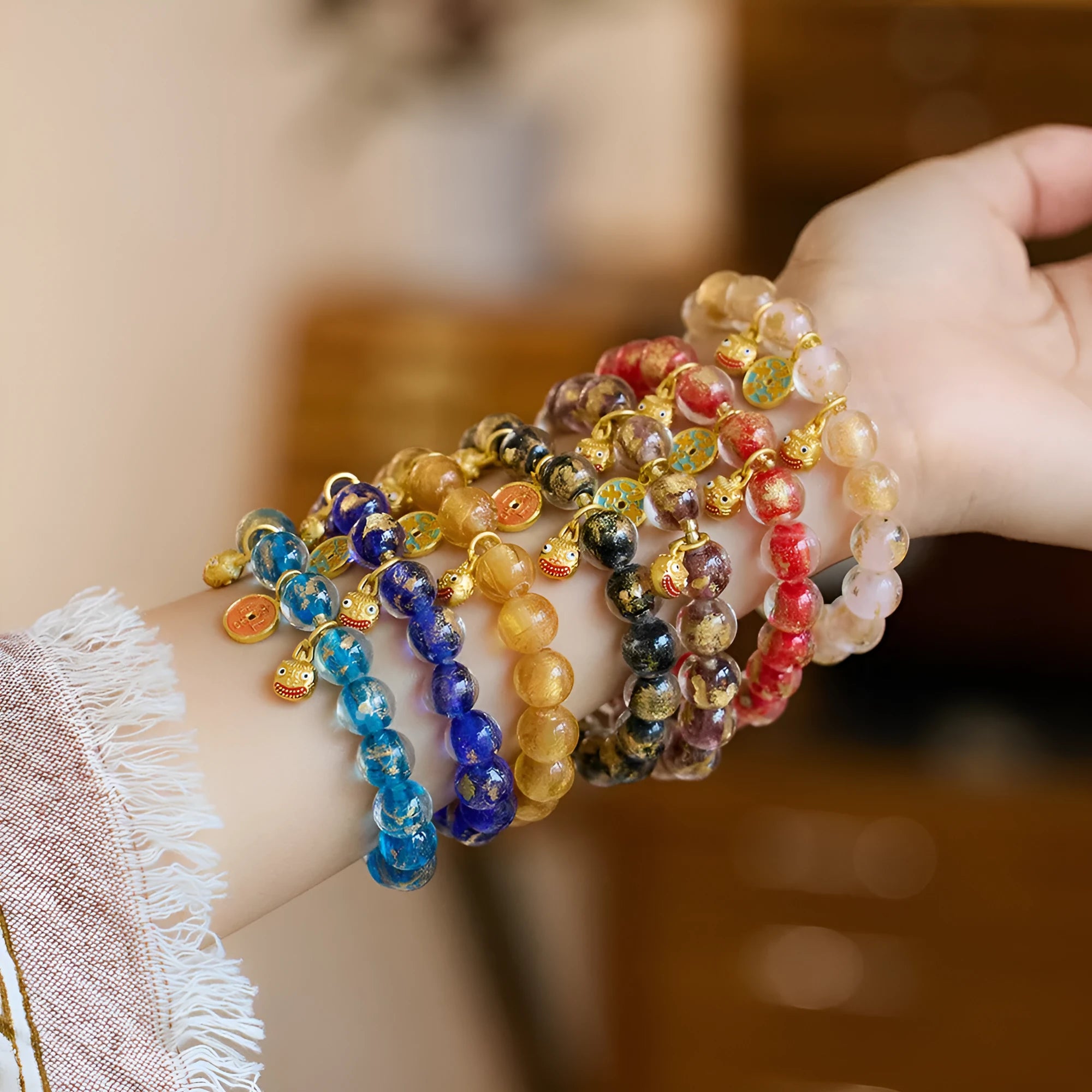Handmade national style swallow gold beast bracelet in colourful fragrant grey gold foil coloured glaze glass