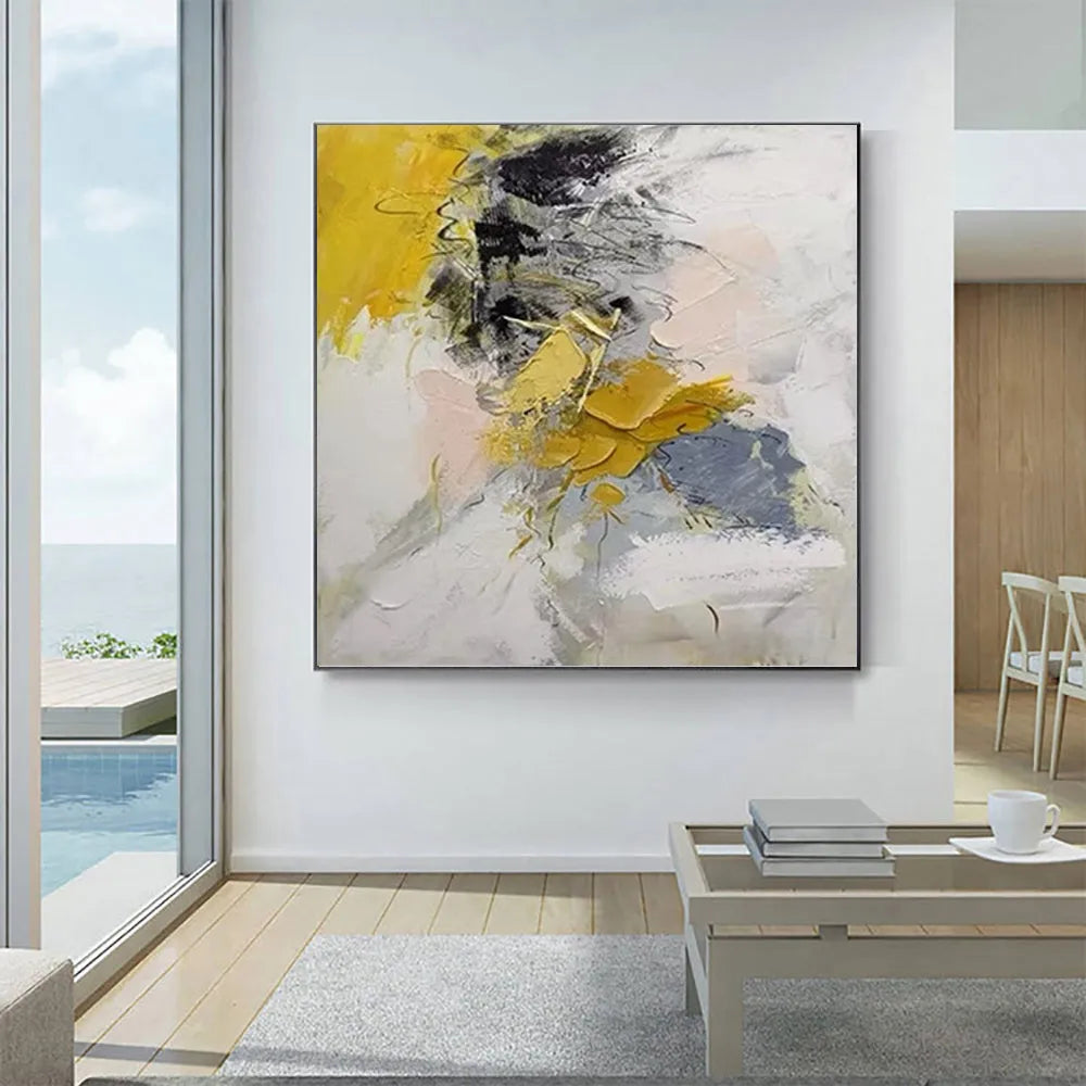 Hand painted acrylic gold abstract oil painting on square canvas for living room decor, no frame, 100cm x 100cm size