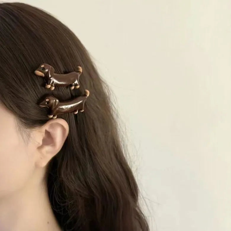 Dachshund dog design hair barrettes with electroplated metallic finish