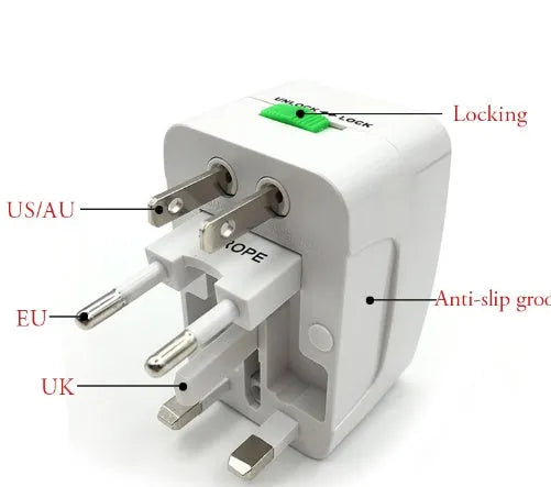 Universal travel plug adapter for multi-country device charging with compact 73x50x39mm dimensions