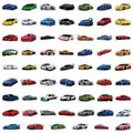 Set of 60 individual sports car graffiti design vinyl stickers scattered, showing variation in design.