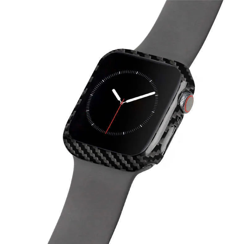Carbon fibre and leather half-wrap protective case for 44mm Apple Watch Series 4 in black.