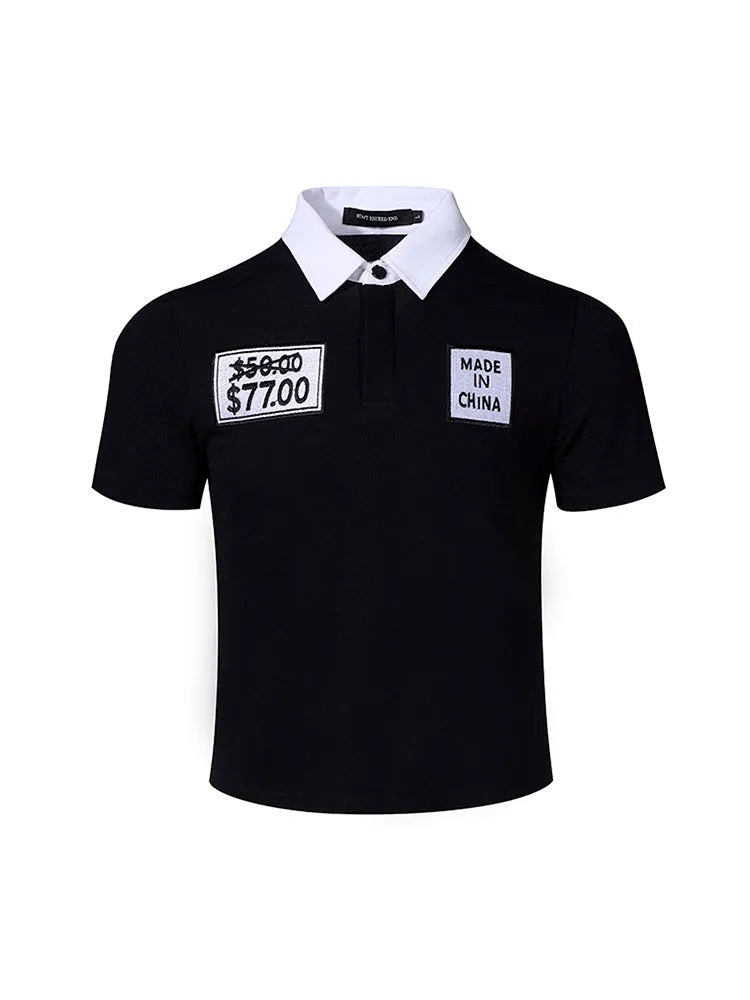 Black slim fit men's short sleeve polo shirt with embroidery hat detail on the chest.