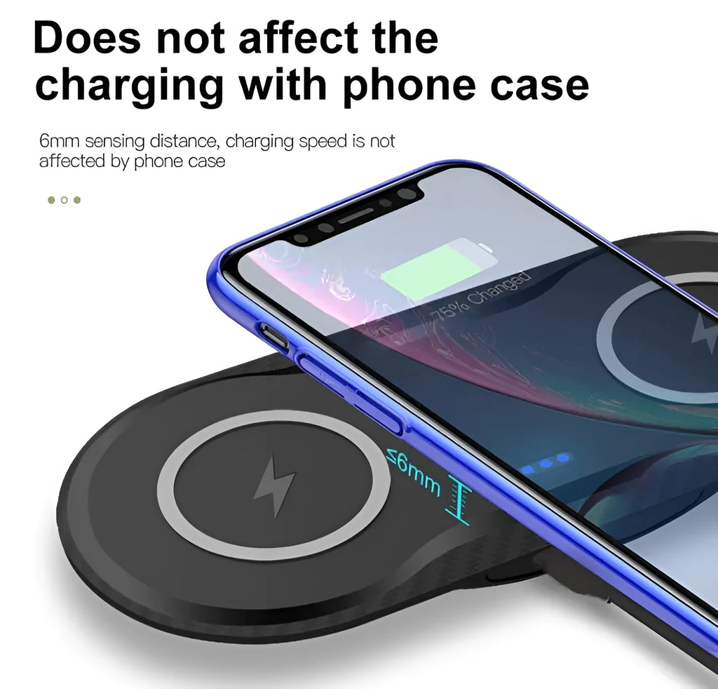 Black dual wireless charging pad showing two smartphones charging simultaneously on a desk.
