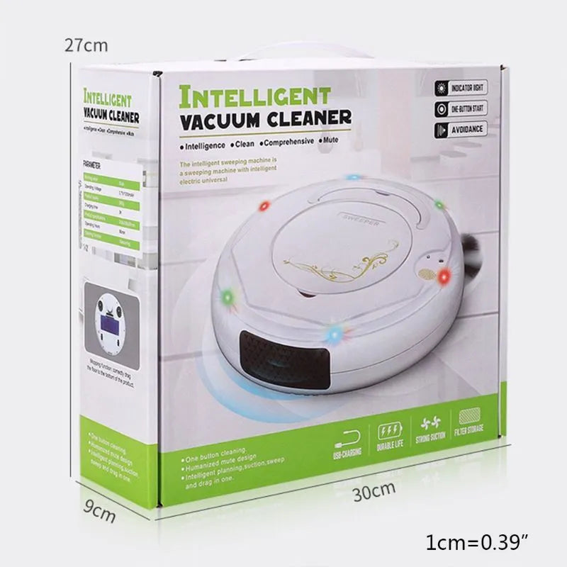 Lazy Smart floor sweeping robot vacuum cleaner in blue, black, or white colour on a hard tile floor